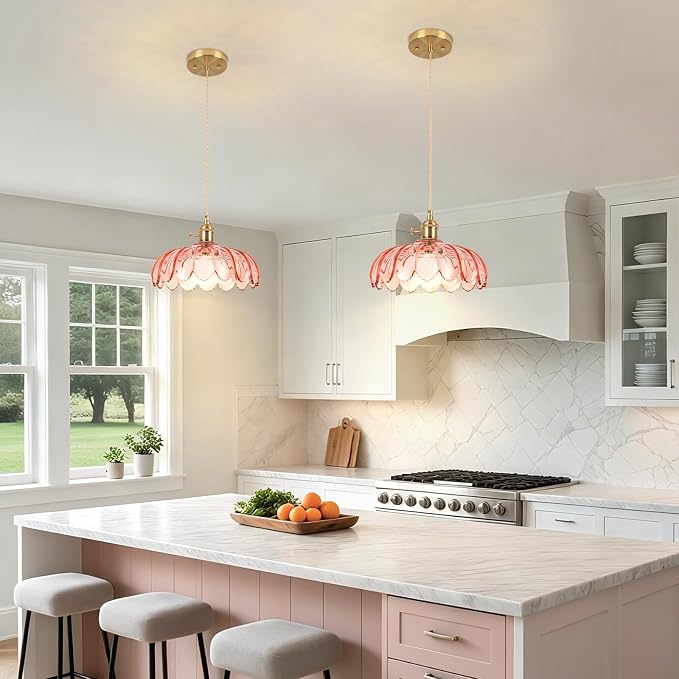 Battery Operated Pendant Light,Pink Vintage Light Fixtures RGB Rechargeable Light Bulb 2500mAh 9.8in with Remote Control Wireless Adjustable Chandelier for Kitchen Island Hallway 1 Light