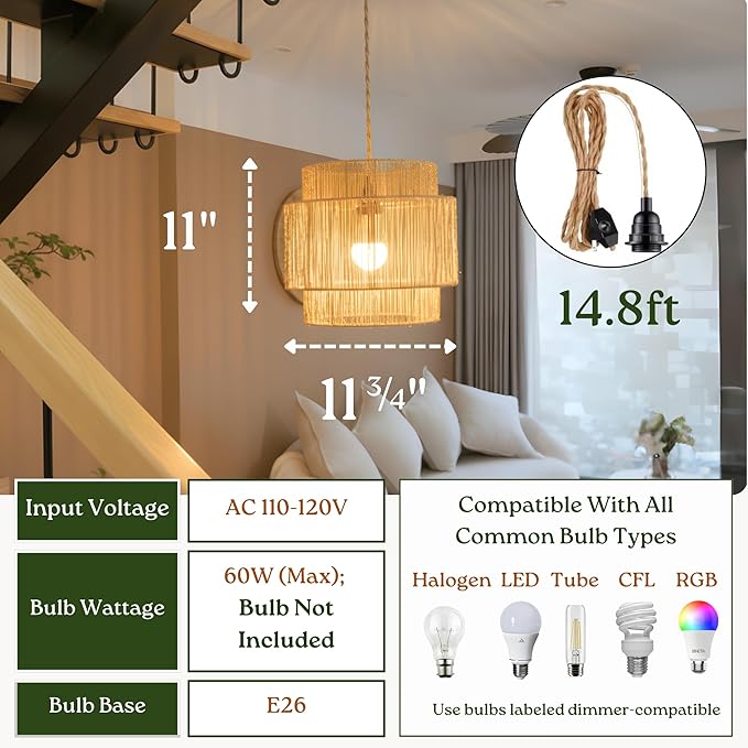 11.8" Boho Jute Plug in Pendant Light, Handwoven Natural Hanging Lamp Plug in with Dimmable Light Switch, Wicker Hanging Light Fixture for Bedroom Living Room Kitchen (No Bulb Included)