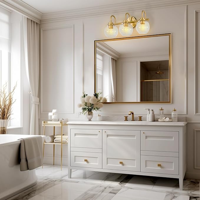 Gold Vanity Light, 3 Light Bathroom Light Fixtures, Modern Bathroom Vanity Lights Fixtures Over Mirror with Clear Glass Globe Shade, Gold Wall Sconces for for Mirror Bathroom Hallway (E26 Base)