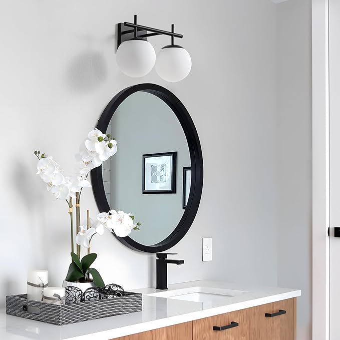 Black Bathroom Light Fixture Over Mirror, 2-Lights Vanity Lights with Milky White Frosted Glass Shade Mid Century Farmhouse Light Fixtures for Bathroom Above Mirror (Exclude E26 Bulb)