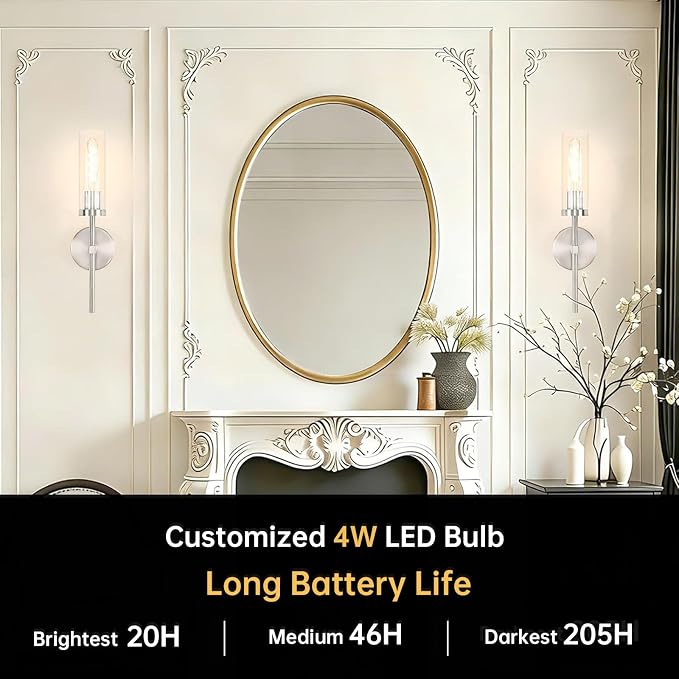 Shenmoyl Battery Operated Wall Sconces Set of 2, Nickel Rechargeable Wall Lighting Fixtures, Dimmable Wall Lights with Remote & Clear Glass Shade for Living Room, Bathroom,Bedroom