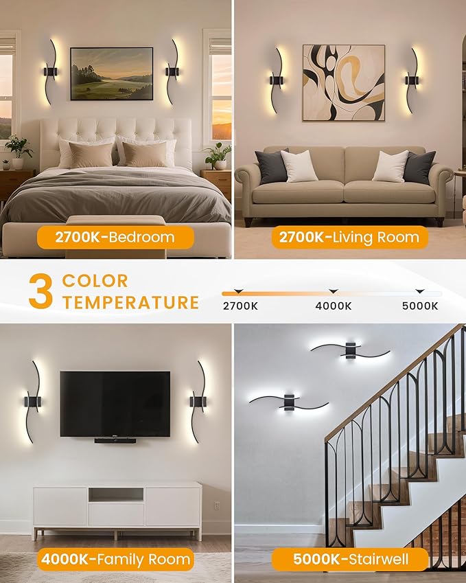 NIORSUN 27.6 Inch Battery Operated Wall Sconce Set of 2, Black Modern Rechargeable Wall Lights with Remote, 3CCT Dimmable Wireless Wall Lamp for Living Room Bedroom Hallway