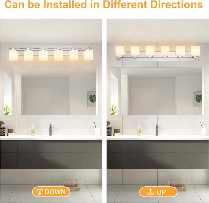 Modern Bathroom Light Fixtures Over Mirror, Vanity Lights for Bathroom Wall Sconces with Milky White Glass Shades, E26 Socket (Bulbs Not Included), 6 Light, Chrome