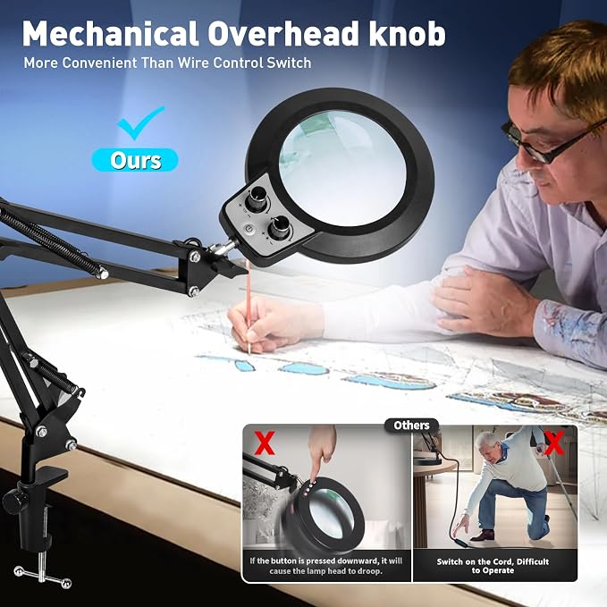 KIRKAS 12X Magnifying Glass with Light and Stand, Overhead Dual Knob | Lighted Magnifier Lamp for Workbench, Craft, Sewing, Repair, Reading, Real Glass Lens Stepless Dimming and Color (22IN Clamp)
