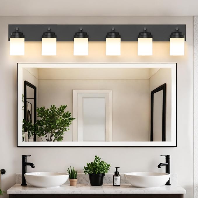 IZORRO Bathroom Vanity Light Fixture, 6-Light 46 Inch Matte Black Bathroom Light Fixtures Over Mirror, with White Glass Shade, Modern Farmhouse Vanity Lights, Rustic Restroom Lighting Fixtures