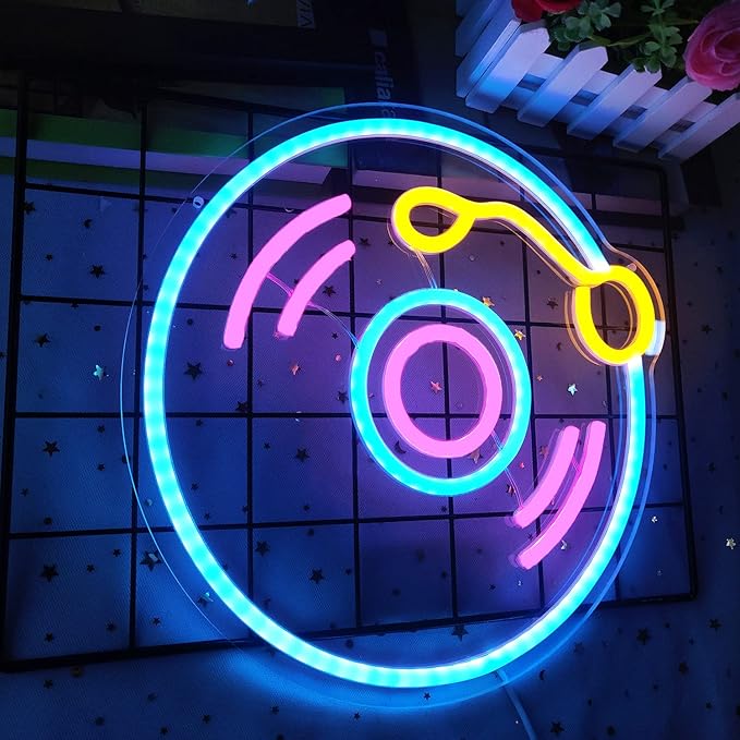 Record Neon Sign Dimmable Music Neon Light for Wall Decor - Player Live Music Art Sign for Bedroom, Bar, Birthday, Christmas, Hotel, Recording Studio - 12in