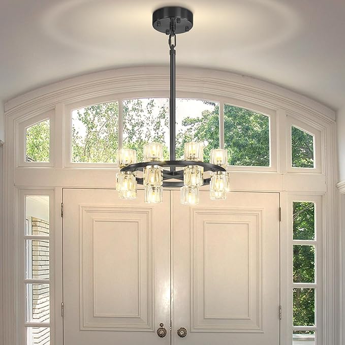 D16 Small Wagon Wheel Chandeliers 16-Lights Black Round Chandelier Pendant Light for Kitchen Island Crystal Chandeliers for Dining Room,Living Room