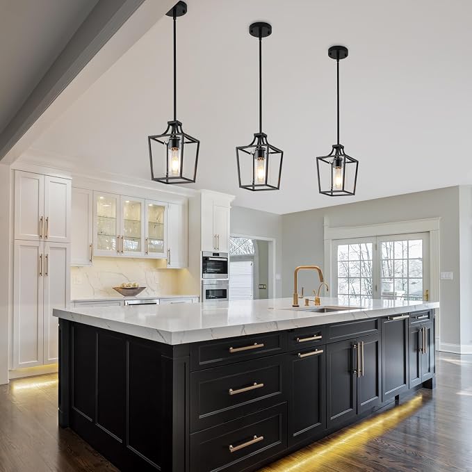 foucasal Black Farmhouse Lantern Pendant Light for Kitchen Island 6.69" | 1 Light, E26 Ceramic Socket, Clear Glass Shade, Adjustable Height Rods, Ideal for Kitchen Dining Room Foyer Hallway Entrance