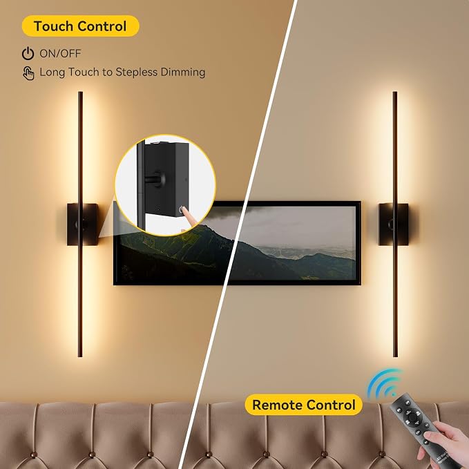 Battery Operated Wall Sconces Set of 2, 10000mAh Wireless Rechargeable 3000-6000K Dimmable 350° Rotate Wall Light with Remote for Living Room, Bedroom 31.6in Black
