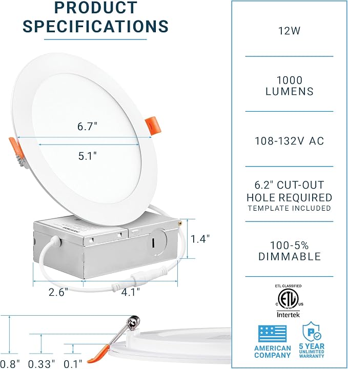 PARMIDA (12 Pack) 6 Inch Ultra-Thin LED Recessed Ceiling Light with Junction Box, 12W, Dimmable Canless Wafer Slim Panel Downlight, IC Rated, ETL-Listed - 4000K