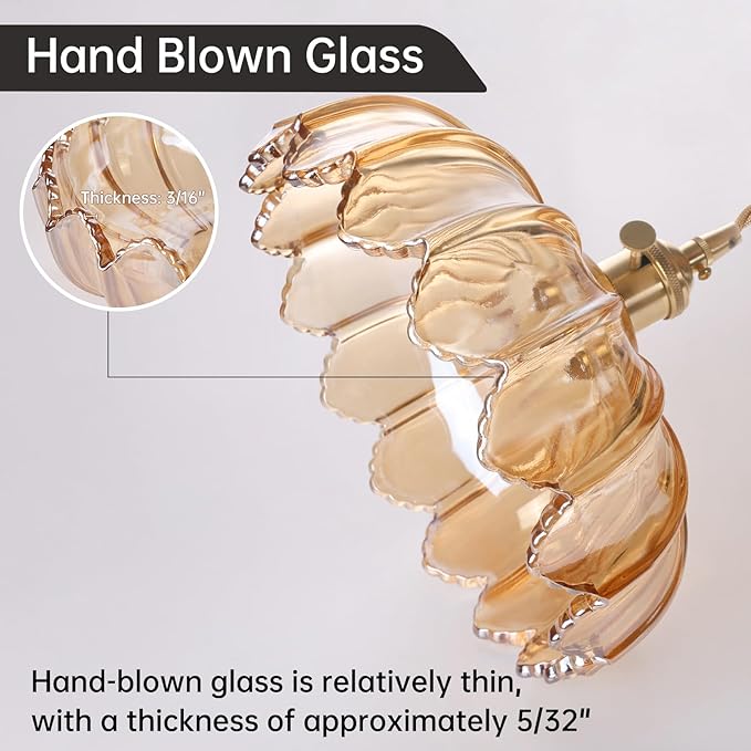 Plug in Pendant Light Hanging Light Fixtures with Plugin Cord On/Off Switch,Amber Scindapsus Glass Lampshade Brass Pendant Light