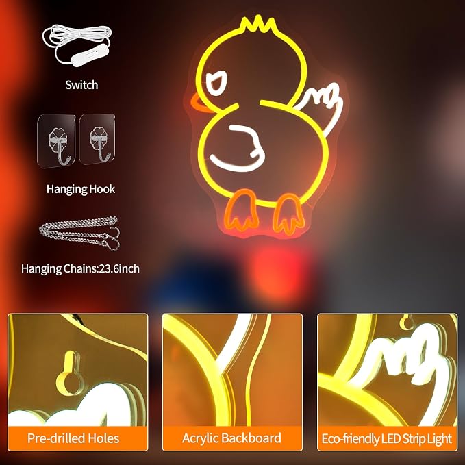 JEDAEMEN Duck Off Neon Signs for Wall Decor Yellow White LED Light Sign | Duck LED Sign Neon Lights Preppy Room Decor Light Up Sign for Birthday Party Decoration USB Powered