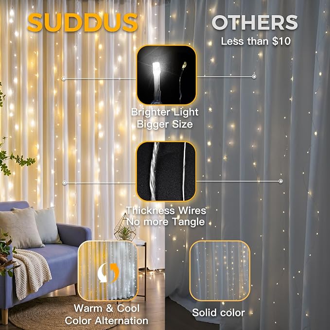 Color Changing Curtain Lights, 200 Led Hanging Lights Outdoor, Fairy Curtain Lights Indoor for Christmas, Dorm, Wall, Backdrop, Window, Wedding, Party, Birthday Decor, Warm White & White