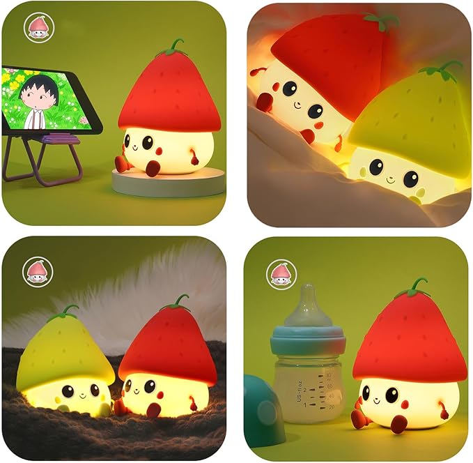 Green Strawberry Night Light, Cute Fruit Night Lamp for Kids Bedroom USB Rechargeable Lamps 2 Brightness Levels, Nursery Bedside Delay-off Nightlight for Baby Boys Girls Birthday Christmas