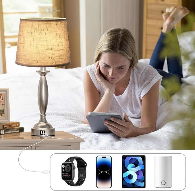 Bedroom Lamps for Nightstand, 3 Way Dimmable Silver Bedside Lamps with USB | Touch, USB C+A Ports, Bulb Included, Gray Shade, Silver, Chrome, Bed Side lamps for Night Stands, Living Room
