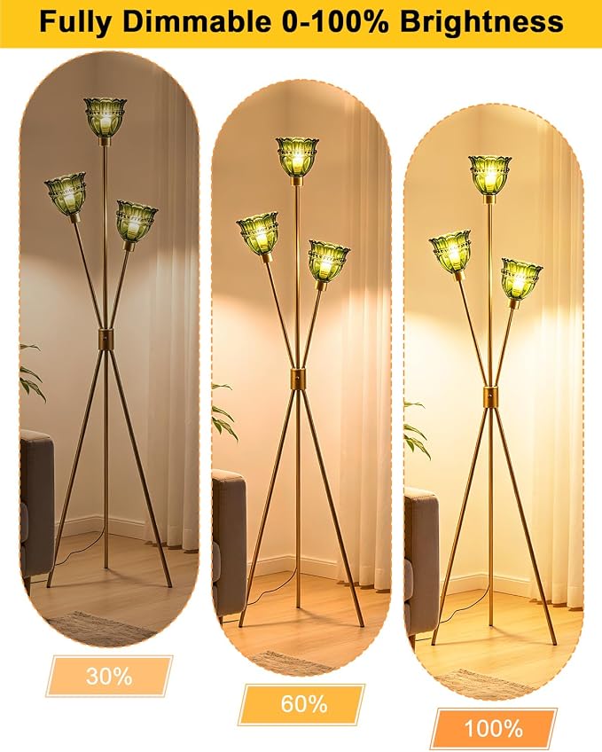 3-Light Tripod Glass Floor Lamp, Gold Standing Lamp with Green Tulip Lace Glass Shade, Rotary Dimmable LED Floor Lamp for Living Room Bedroom Home Office Sofa Beside Corner Decor, Bulb Included
