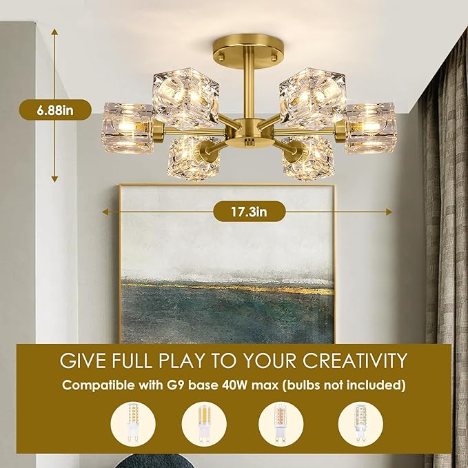 Modern Crystal Chandelier, 6-Light Gold Flush Mount Ceiling Light, 17.3" Sputnik Chandelier Light Fixture with K9 Crystal Shade, Industrial Pendant Light for Dining Room, Kitchen, Bedroom, Living Room