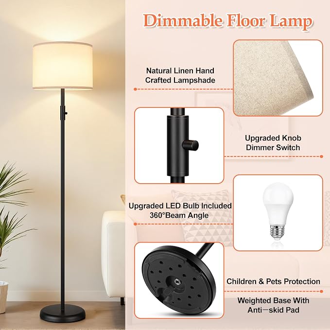 【Upgraded】 Dimmable Floor Lamp for Living Room,1000 Lumens Bulb Included, Modern Floor Lamps Simple Design with Linen Shade, Tall Standing Lamp for Bedroom Office Dining Room, Black Pole Lamp