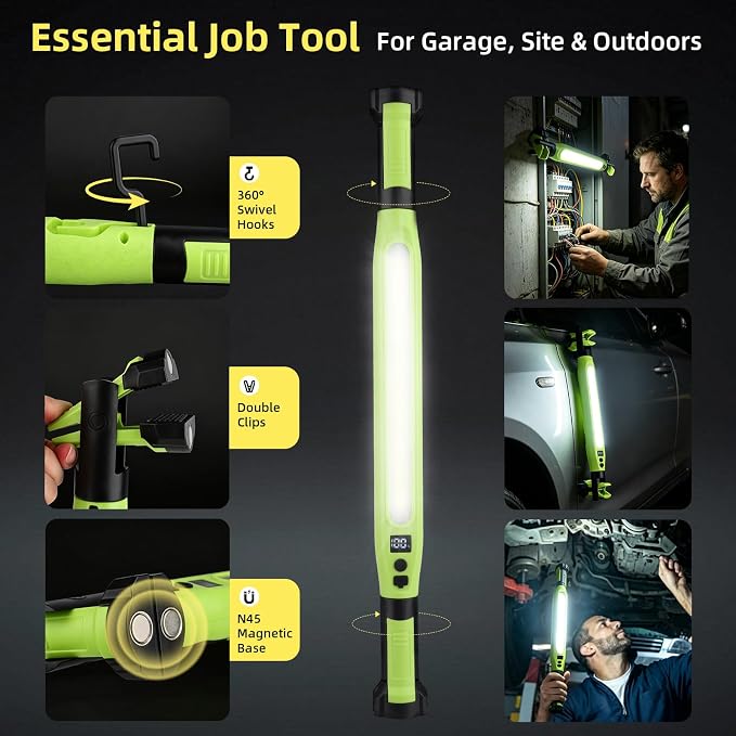 YXQUA 2 Pack Under Hood Work Light, 3000LM IP66 Magnetic COB Cordless | 4 Modes, Red SOS, 360 Degree Swivel Hooks, Clamps, Type-C, for Mechanic, Vehicle Inspection, Garage, Workshop, Hands-Free