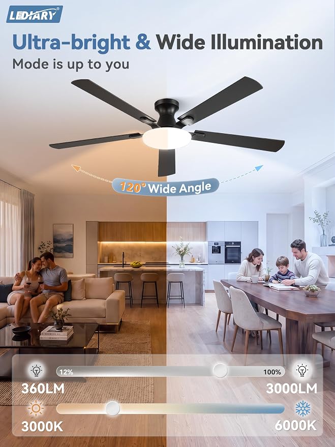 LEDIARY 60 Inch Flush Mount Ceiling Fans with Lights, Remote & APP Control | 3CCT,Stepless Dimmable,Memory Function,Timer,6-speed,Reversible Blade, Quiet DC Motor, Damp-Rated, Living Room, Covered Patio