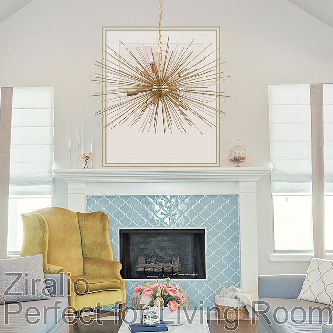 29" Modern Sputnik Chandelier 9-Lights Mid Century Modern Starburst Golden Chandelier Luxury Gold Solid Metal Sputnik Satellite Chandeliers for Dining Room, Kitchen Island, Bedroom