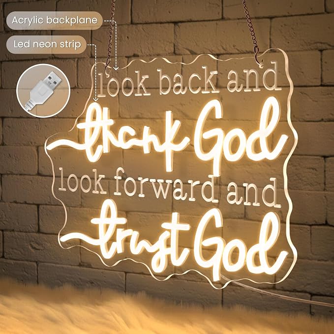 Christian Neon Sign – “Look Back and Thank God,Look Forward and Trust God” LED Neon Wall Decor with USB Power & Dimmable Brightness,Bible Verse Neon Light for Bedroom,Church,Home