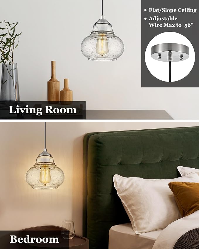ELYONA 8 Inch Bubble Glass Pendant Light Industrial Kitchen Island Globe Hanging Pendant Light Fxiture Modern Hand Blown Seeded Glass for Farmhouse Dining Room Bar Bedroom Living Room Brushed Nickel