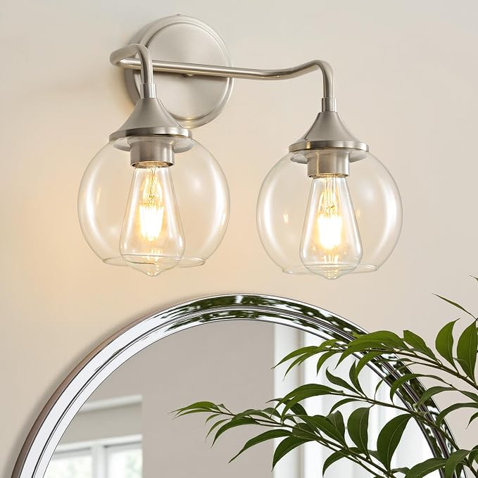 Bathroom Light Fixtures 2-Light Brushed Nickel Vanity Light 14" | Farmhouse Vanity Lighting Fixtures Over Mirror, Thickened Clear Glass Shade, UL E26 Dimmable Vanity Light Fixtures