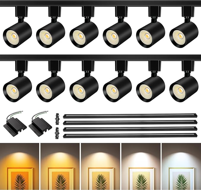 2-Set 5-Color 6-Light LED Track Lighting Kit with 6.6FT H Type Track Lighting Rail, DimmableTrack Lights with Floating Canopy, Ceiling Spot Light Flicker Free, CRI90+, 36° Beam 10W 800lm, Black