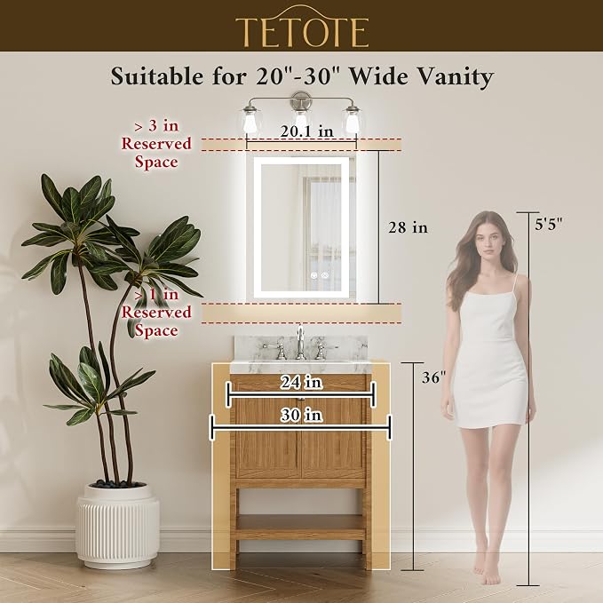 LED Bathroom Mirror 20 x 28 Inch Brighter Light up Mirror for Bathroom Vanity, Front and Backlit Lighted Anti-Fog Wall Mirror with Lights, 3-Color Dimmable, Waterproof, Tempered Glass