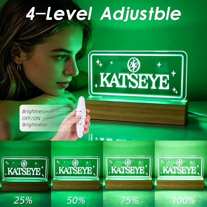 Kate LED Night Light 7 Color Changing Neon Sign USB Acrylic Lamp Wood Base | Adjustable brightness USB powered glowing decor lamp birthday gift for K-pop fans for bedroom desk home ambiance decoration