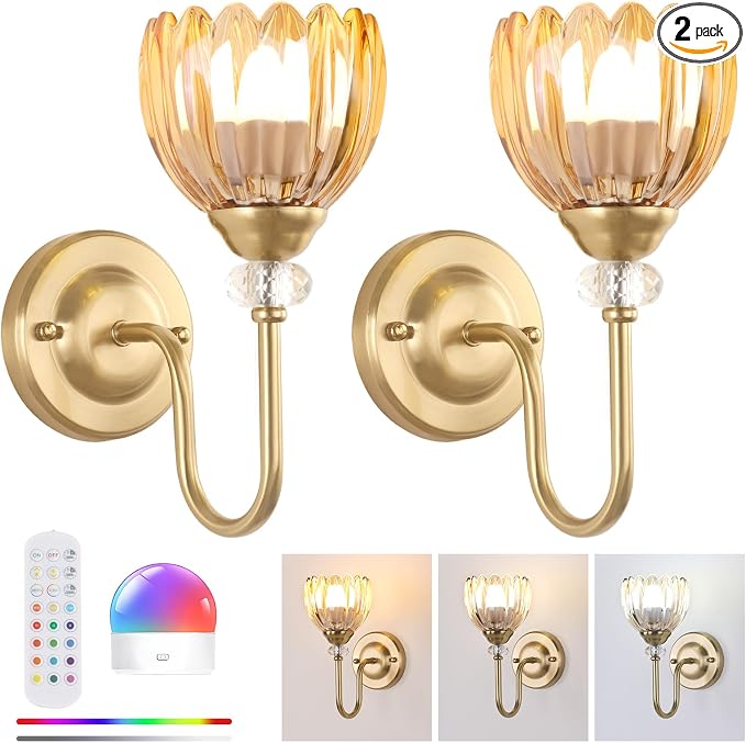 Set of 2 Vintage Battery Operated Wall Sconce, Rechargeable Wall Lamp with 5000mAh Battery & Remote Control, Dimmable Wall Lights with tulip shade for Bedroom Bathroom Living Room, (Tulip Amber Up)