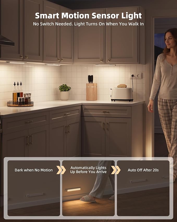 EZVALO Under Cabinet Lighting with Charging Station, 11.8'' Motion Sensor Light Indoor, 1500mAh Rechargeable LED Light, 3 Color Temperatures, Dimmable Counter Lights for Kitchen, Closet, Stair (3Pack)