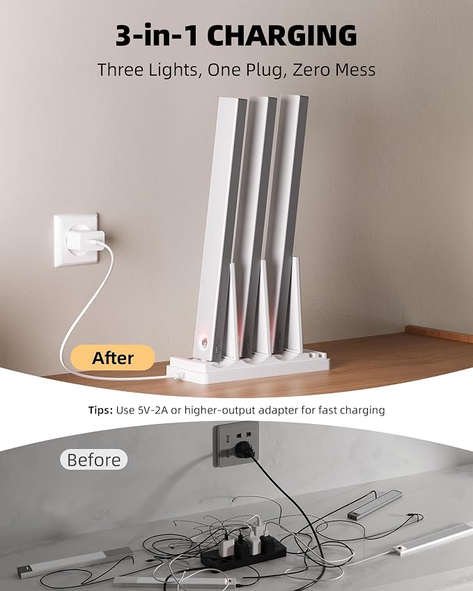 EZVALO 13inch Under Cabinet Lighting with Charging Station, 3200mAh Rechargeable Wireless Motion Sensor Lights, 96 LEDs, 3 Color Temps, Dimmable, Timer, Magnetic, with Remote for Kitchen (3 Pack)