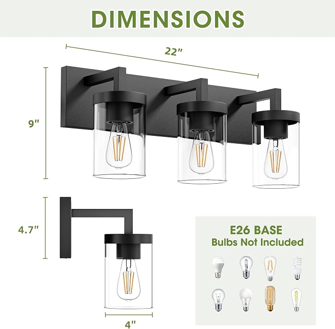 Bathroom Vanity Light, 3 Light Matte Black Vanity Lights with Clear Glass Shade, 22in Modern Wall Sconces, Bathroom Lighting Fixtures Over Mirror