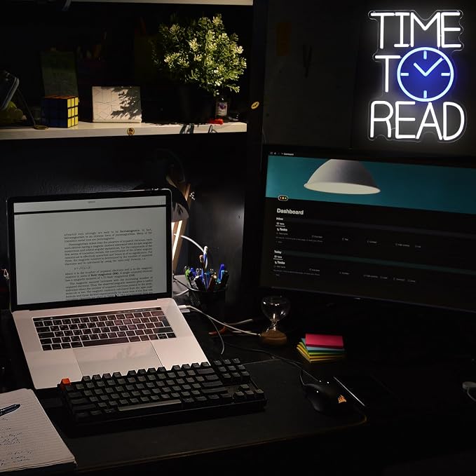 Time To Read Neon Sign Read Books Neon Lights for Bedroom Bookstore Decor | White Letter LED Signs, Blue Clock Neon Read Light Up Sign, Dimmable Acrylic Wall Art, USB Powered, Reading Corner Decor