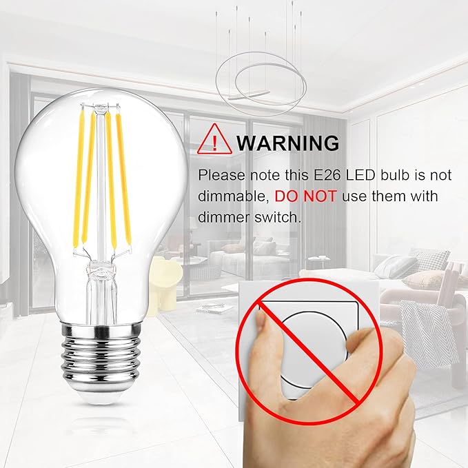 Ascher 60 Watt Equivalent, E26 LED Filament Light Bulbs, Daylight White 4000K, Non-Dimmable, Classic Clear Glass, A19 LED Light Bulb with 80 CRI, Pack of 12