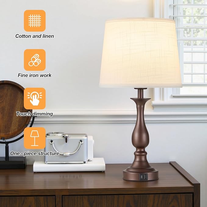 Bedside Table Lamp Touch Control Bedroom Lamps with USB A + C Charging Port 3 Way Dimmable Touch Lamps for Nightstand Living Room Bedroom Dorm Home Office Reading, Set of 2 (White Shade & Brown Base)