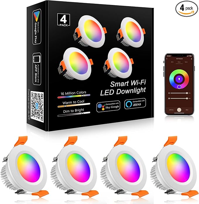 Smart 2 Inch LED Recessed Lighting RGB WiFi Downlight, 5W Compatible with Alexa and Google Home, Dimmable RGB & CCT 2700-6500K Color Changing, 120V Ceiling Light with LED Driver (4 Pack)