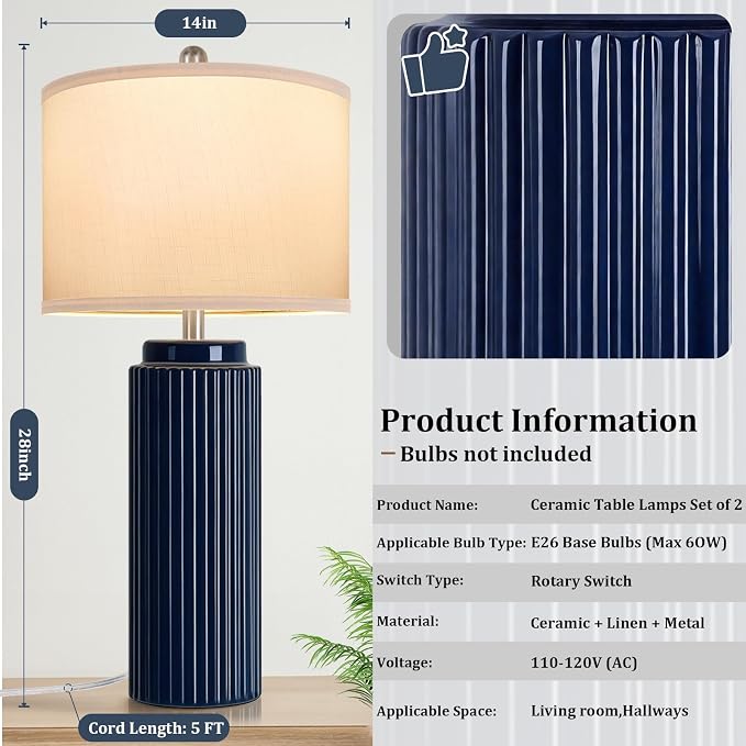 28" Dark Blue Ceramic Table Lamps Set of 2, Modern Nightstand Lamp | Bedside Table Lamps with White Linen Shade, Larger size, Farmhouse Home Decor for Living Room Bedroom Office End Table Dorm