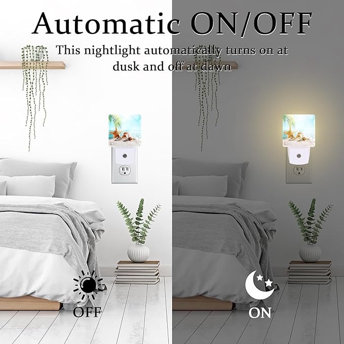 Starfish Seashells on Sand Night Light Plug into Wall, Summer Tropical Beach Ocean Dusk to Dawn Night Light Plug in,0.5w Energy Saving Sleep Friendly NightLight for Kids Boys Girls Home Decor