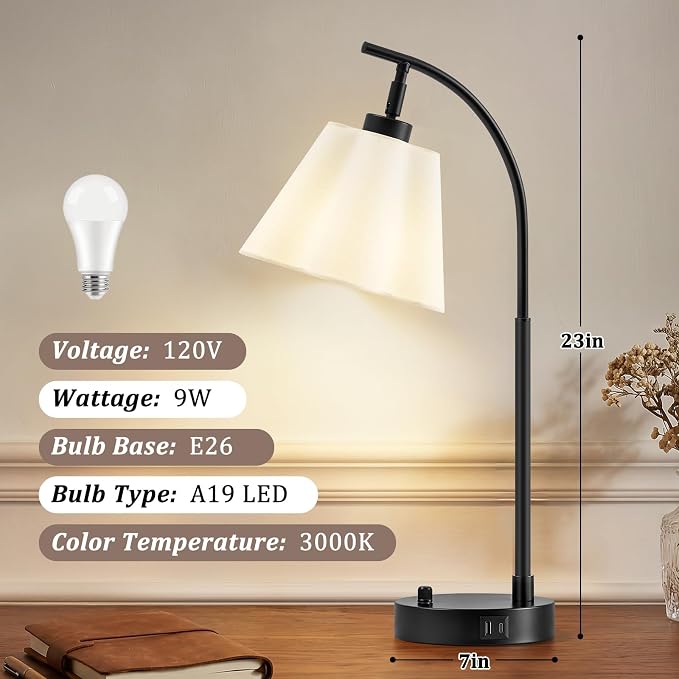 Table Lamps Set of 2, Stepless Dimmable Bedside Lamps with USB A&C Ports | Fabric Shade, Multi-Angle Rotatable Head, Lamps for Nightstand, Side Table, Dorm, Bedroom, Home Office, Elegant Home Decor