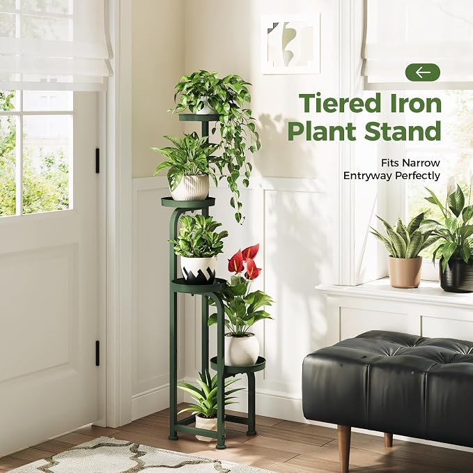 Bamworld Corner Plant Stand Indoor Outdoor Tall Metal Flower Pot Stands | 4 Tier Dark Green Plant Shelf for Multiple Plants Plant Table for Patio Garden Balcony Living Room Bedroom(Patent Design)