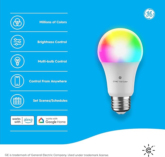 Cync GE A21 Smart LED Light Bulbs, Color Changing Room Decor, Bluetooth and WiFi Light Bulbs, 100W Equivalent, Work with Amazon Alexa and Google Home (4 Pack)