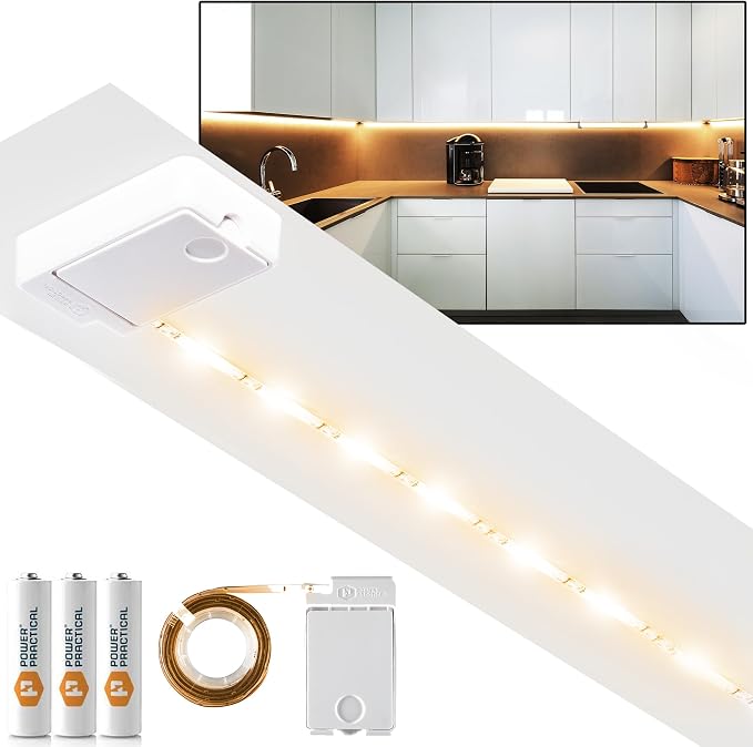 Luminoodle Under Cabinet Lighting - Click LED Light Strip for Shelves, Kitchen Cabinets, & Furniture, 1-Pack Includes Power Button & Tape Adhesive - Warm White (2700K)