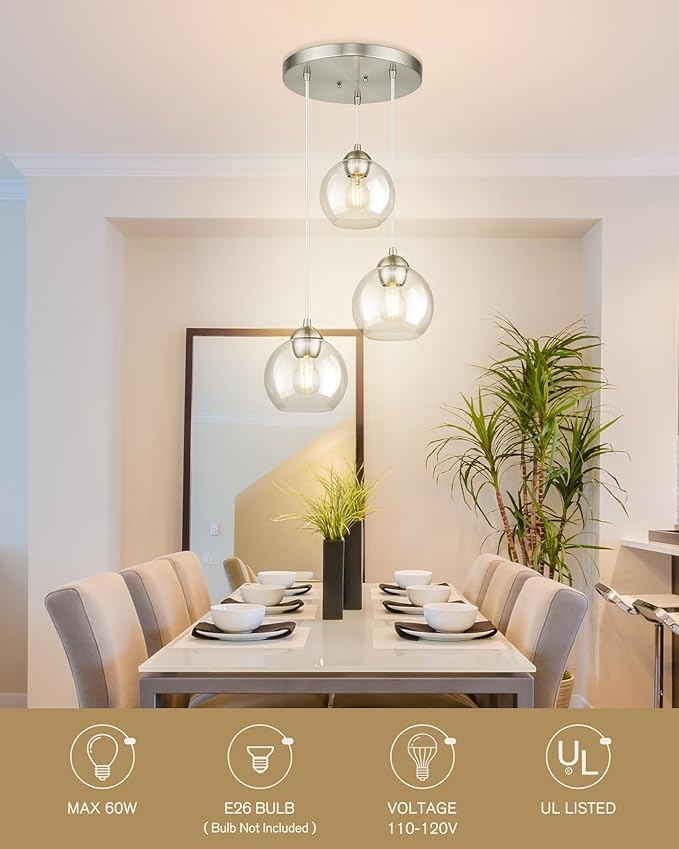 Emak Brushed Nickel Pendant Light, 3-Light Pendant Lights Kitchen Island with Clear Glass Shade, Cluster Globe Hanging Light Fixture for Kitchen, Bedroom, Bathroom, Dining Room, PL119-BN-CL