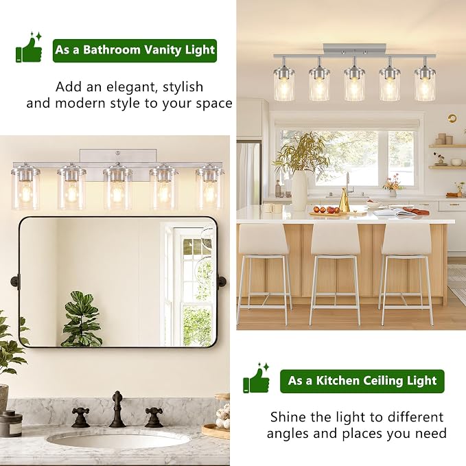 FadimiKoo 5-Lights Brushed Nickel Track Ceiling Light Fixtures, Modern Close to Ceiling Light with Clear Glass Shade, Large Hallway Lighting Fixtures for Dining Room Kitchen Living Room
