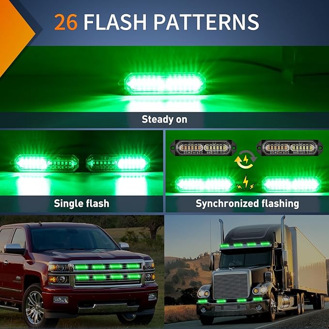 Nilight 8PCS Led Strobe Lights 12LED Green Emergency Light 12V 24V Surface Mount Flashing Warning Hazard Beacon Ultra Slim Sync Feature Mini Grille for Cars Trucks Off Road Vehicles SUV