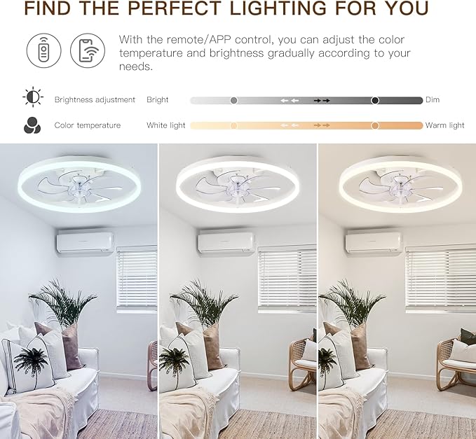 Ceiling Fans with Lights,20" Low Profile Ceiling Fan with Remote Control, Modern Flush Mount Ceiling Fan,White Fan Light for Bedroom, Living Room,Kitchen,Small LED Ceiling Light Fixture
