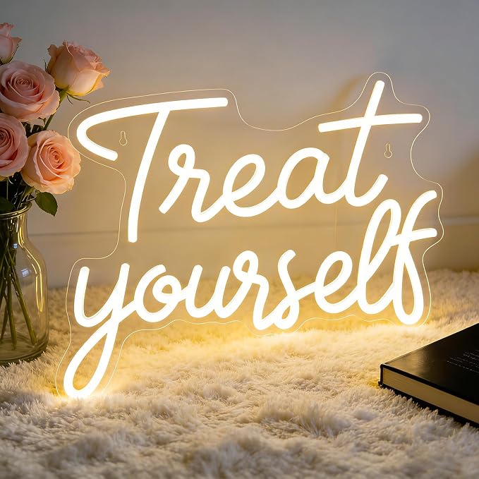 Treat Yourself Neon Signs, Warm White Dimmable LED Word Sign for Wall Decor | Treat Yourself Light Sign for Bedroom Wall Letter Neon Lights Wedding Sign Room Decor for Birthday Gift Party Home Decor Bar